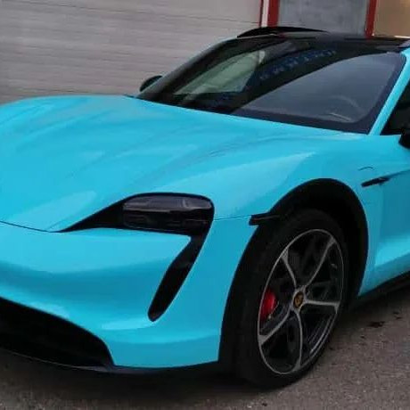 Оклейка Porsche Taycan 4S в Sunmax Color Ultra Gloss Sky Blue авто глянцевым винилом
