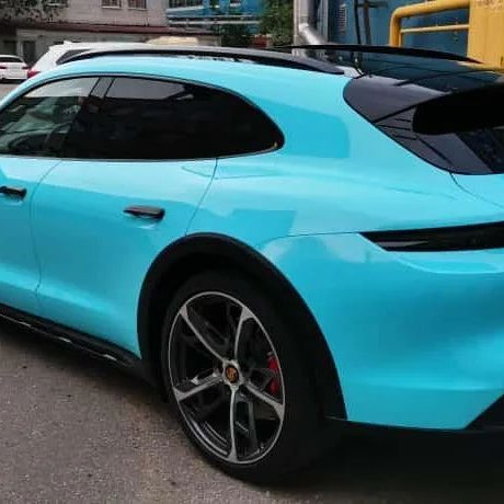 Оклейка Porsche Taycan 4S в Sunmax Color Ultra Gloss Sky Blue авто глянцевым винилом