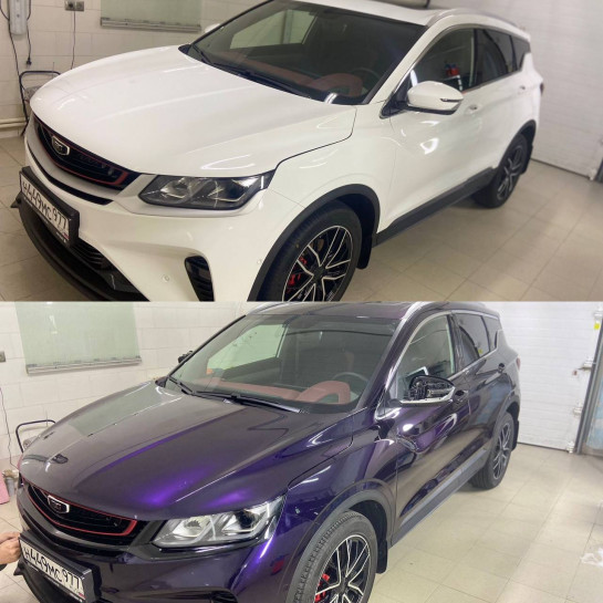 Оклейка Geely цветной полиуретановой пленкой Sunmax 20 Purple Pearl PPF