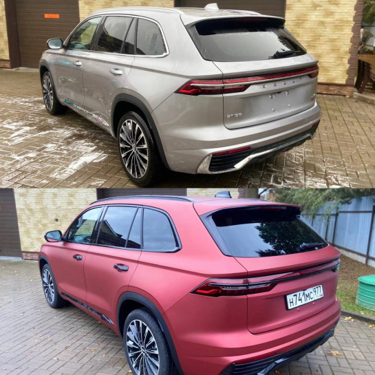 Оклейка кузова авто Geely полиуретаном Sunmax 113 Matt Metal Flame Red PPF