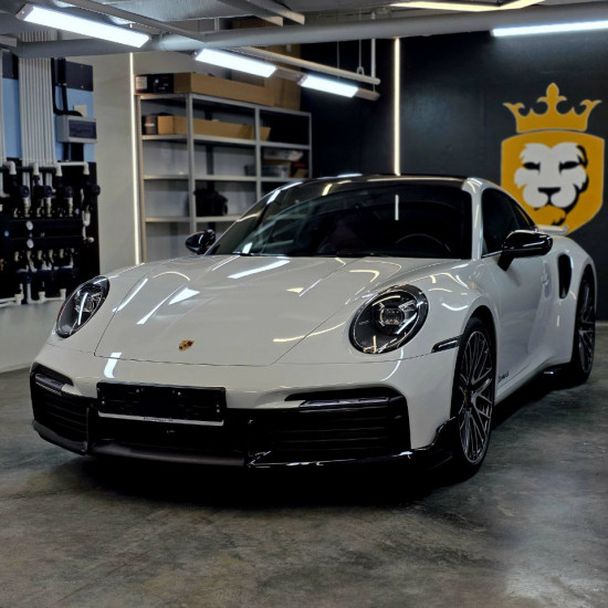 Оклейка Porsche Turbo S цветным полиуретаном Sunmax 13 Volcano Gray Gloss PPF