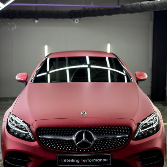Оклейка Mercedes полиуретановой пленкой Sunmax 112 Matt Metal Romanee Red PPF